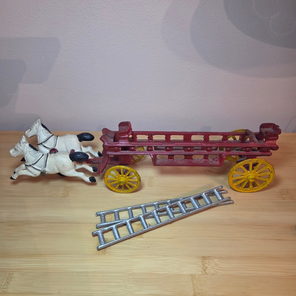 Cast Iron Horse Drawn Fire Ladder Wagon Red Yellow White 14 Inch Vintage Pieces